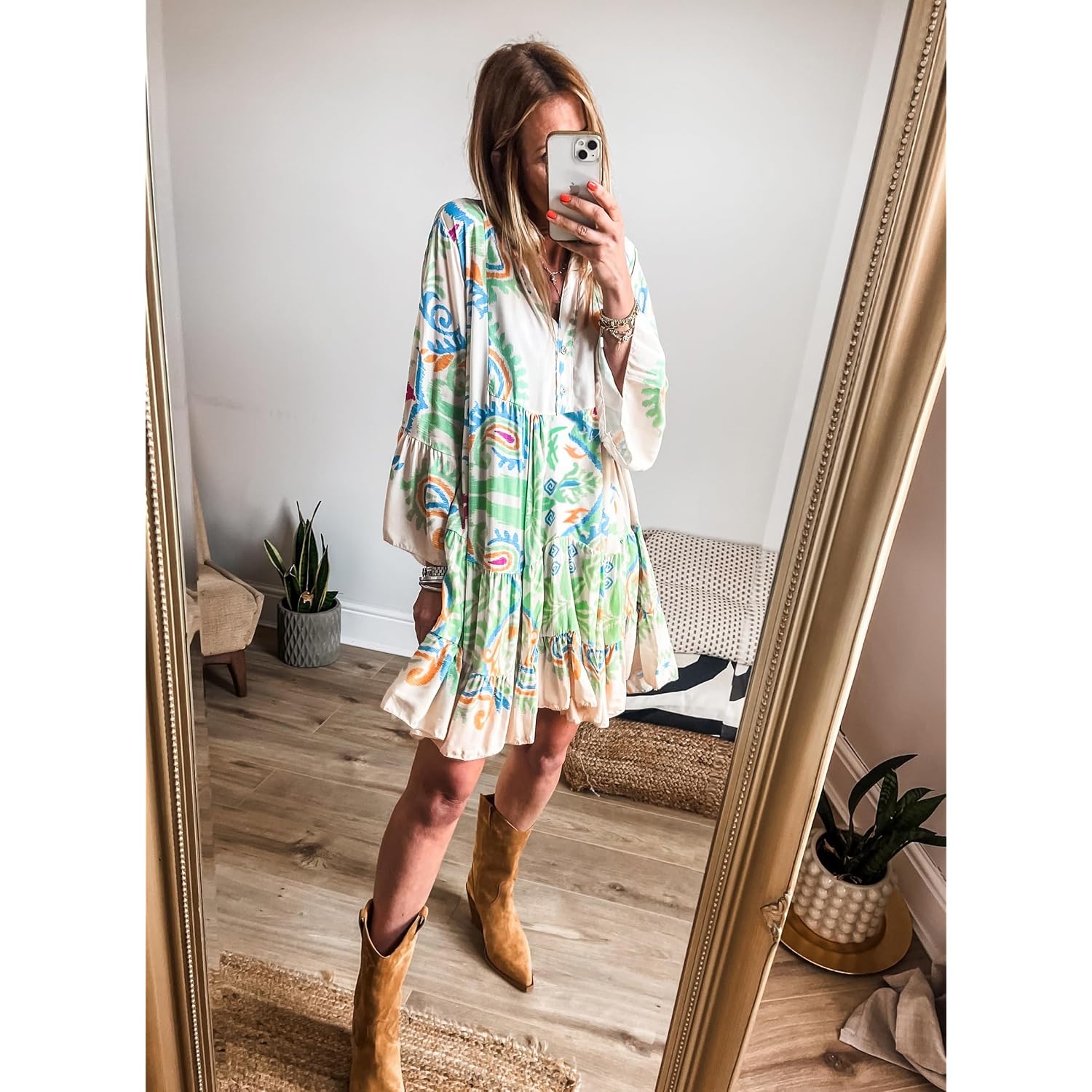 Miduo Womens Summer Dress Casual V Neck Buttoned 3/4 Sleeve Bohemian Tribal Print Flowy Mini Dresses