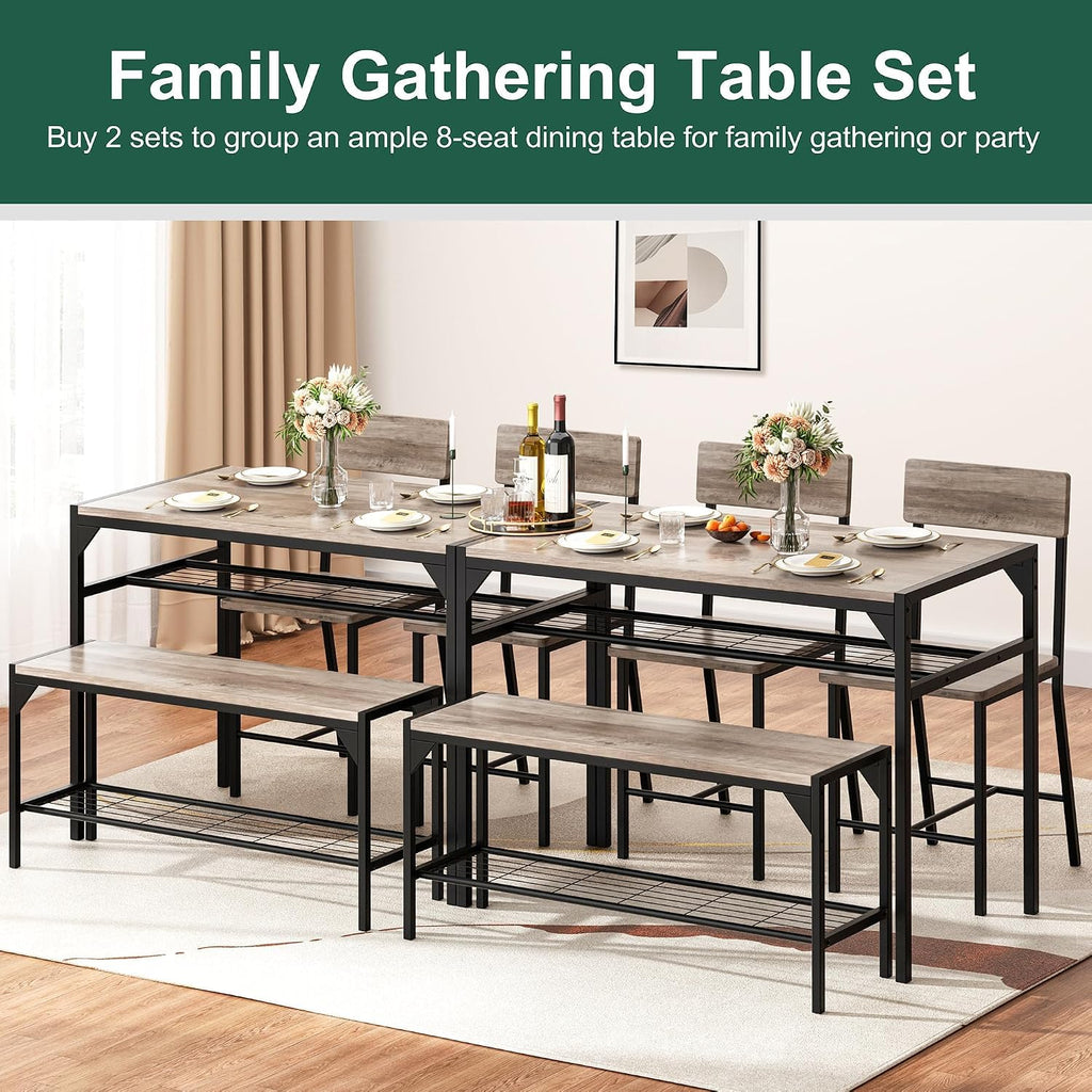 Shintenchi Kitchen Table Chairs Set Of 4, Dining Table Set For 4 With Bench And Chairs, 4 Pieces Kitchen Table Set With Storage Rack & Metal Frame For Small Space, Oak Gray