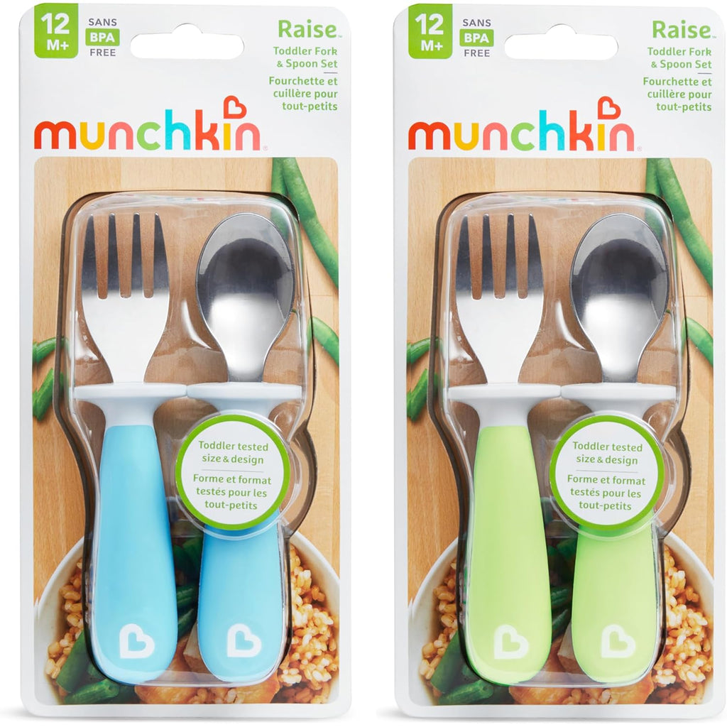 Munchkin® Raise™ Toddler Fork and Spoon Utensil Set, Rest Keeps Tip Off Table, BPA Free, 4 Pack, Blue/Green