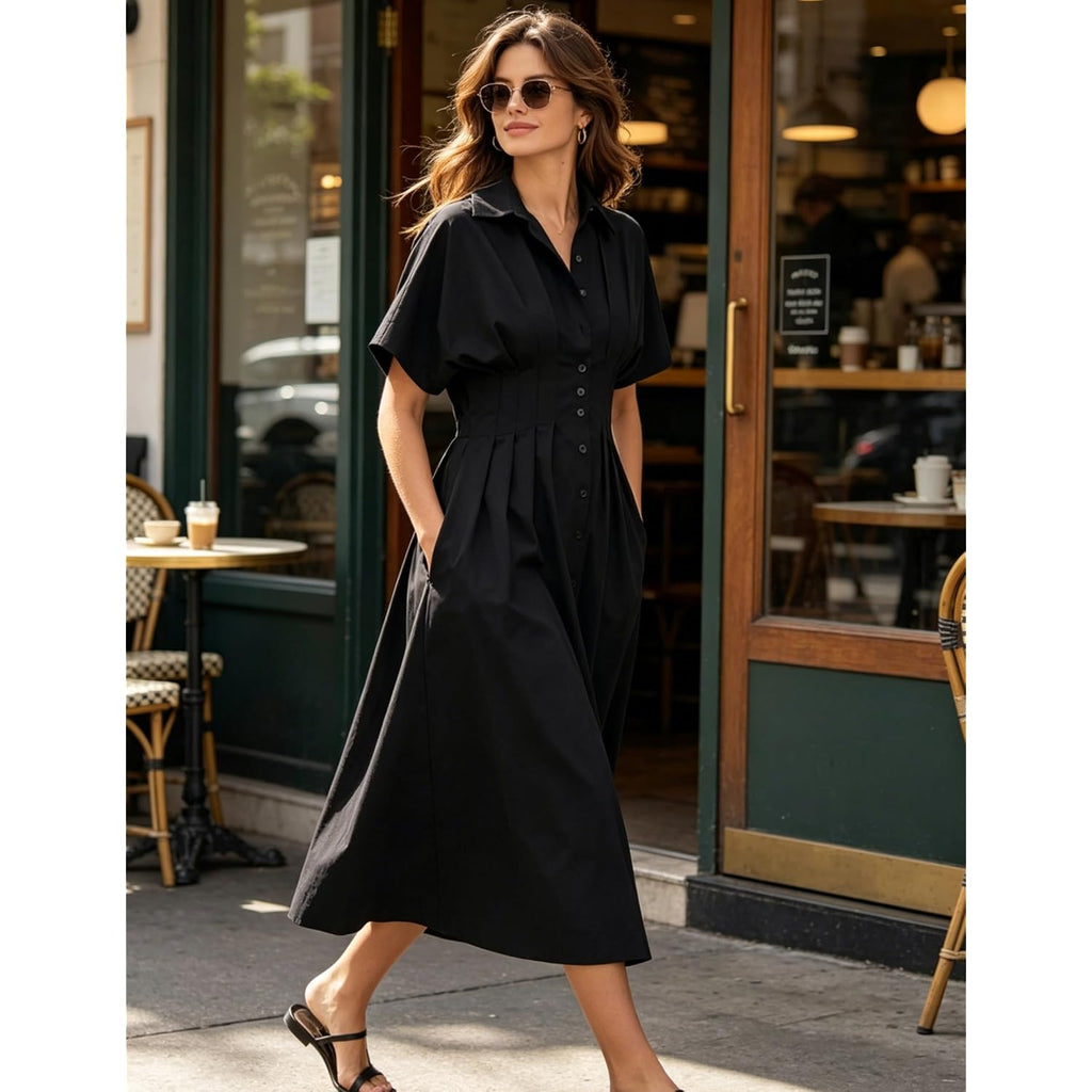Yeokou Shirt Dress For Women Summer Casual Short Sleeve Button Down Loose Pleated Maxi Sundress With Pockets
