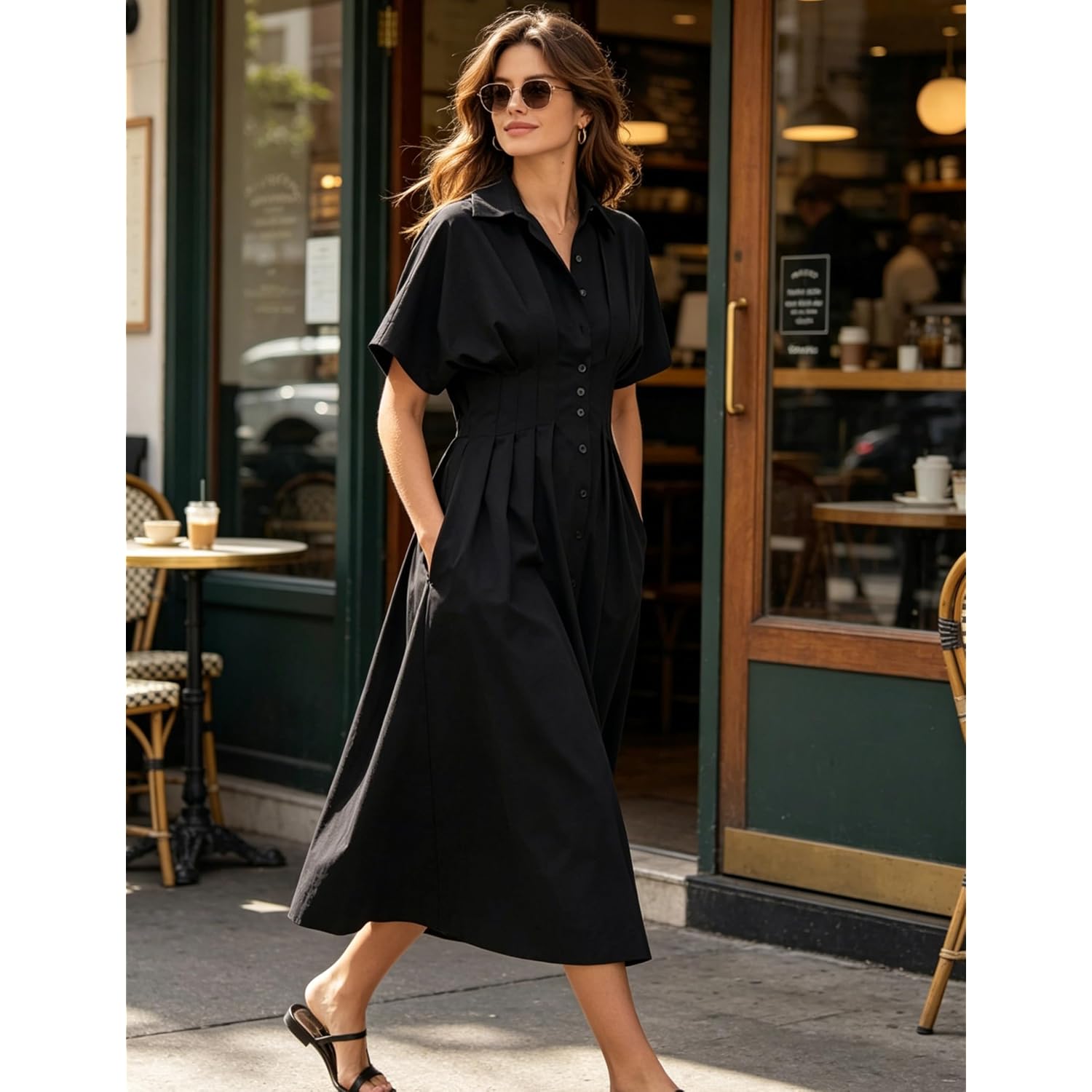 Yeokou Shirt Dress For Women Summer Casual Short Sleeve Button Down Loose Pleated Maxi Sundress With Pockets