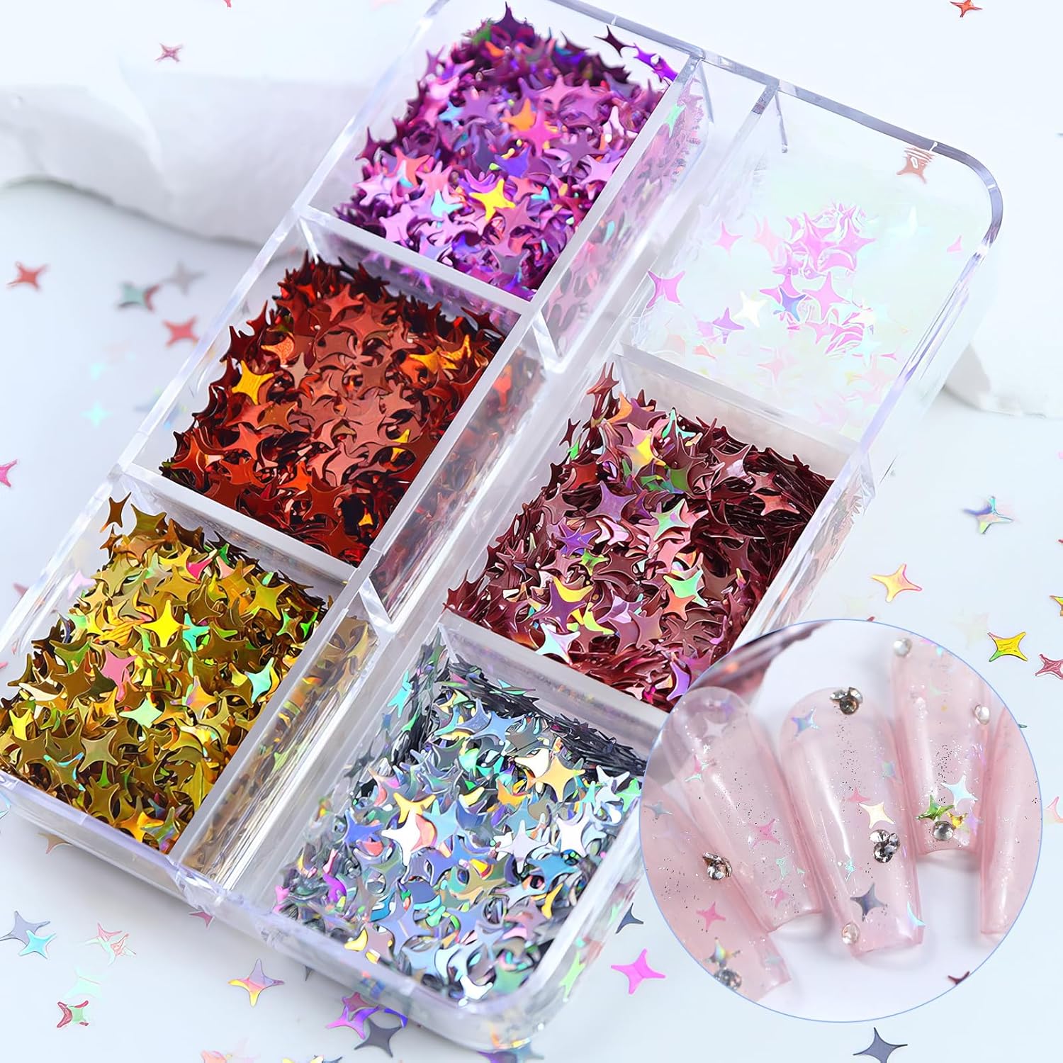 6 Grid Holographic Star Nail Glitter Set,3D Five-Pointed Star Sequins,Flakes for Nail Art, Independence Day Decor, DIY Crafts Holographic Sparkle Nail Decals for Women Girls Manicure Supplies