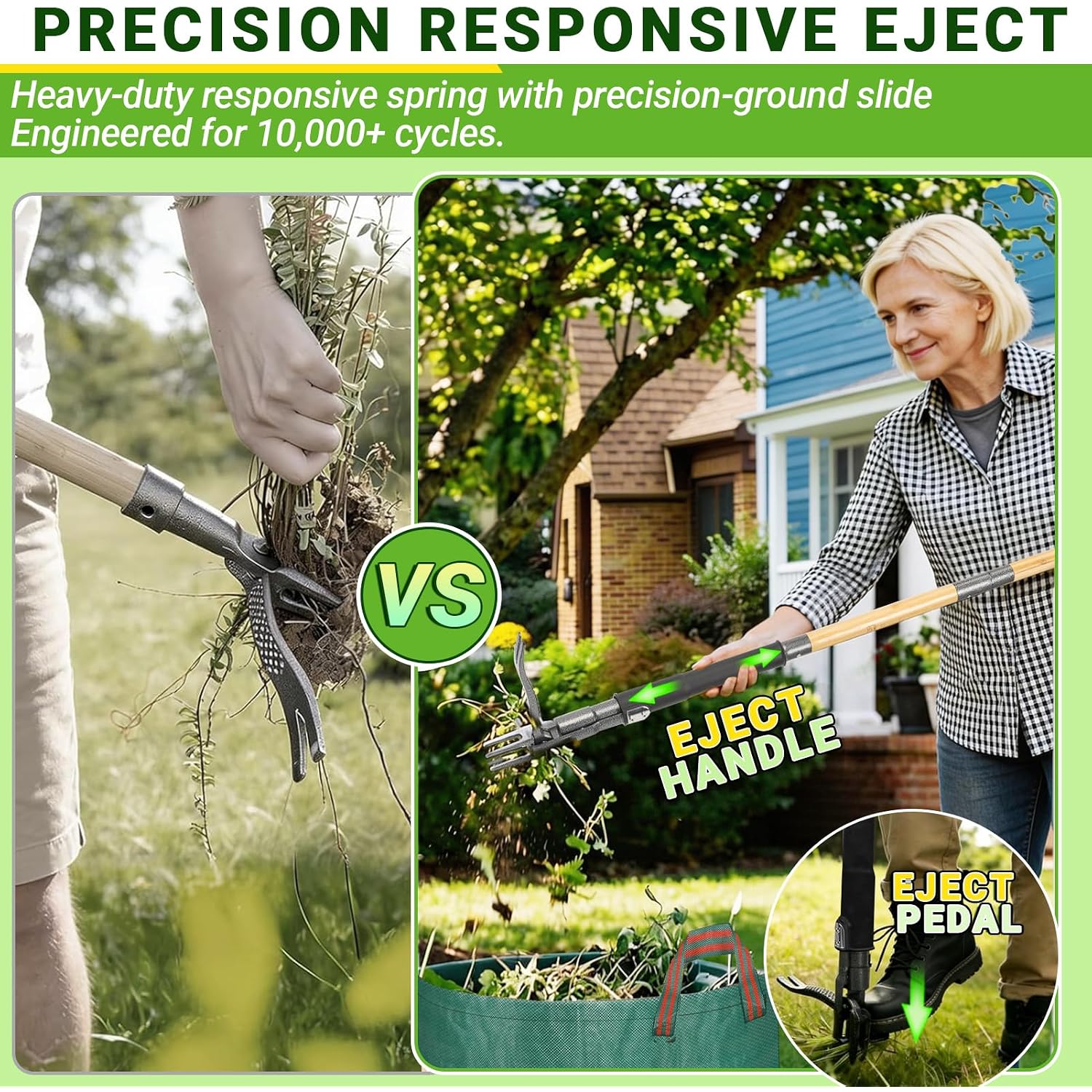 43.5" Weed Puller Tool For Lawn Yard, Dual-Eject Mechanism With Bag | 4-Claw Steel Head,Adjustable 43.5" Bamboo Long Handle,Supports A Weight Of 265 Lbs,Includes 16 Gallon Leaf Bag