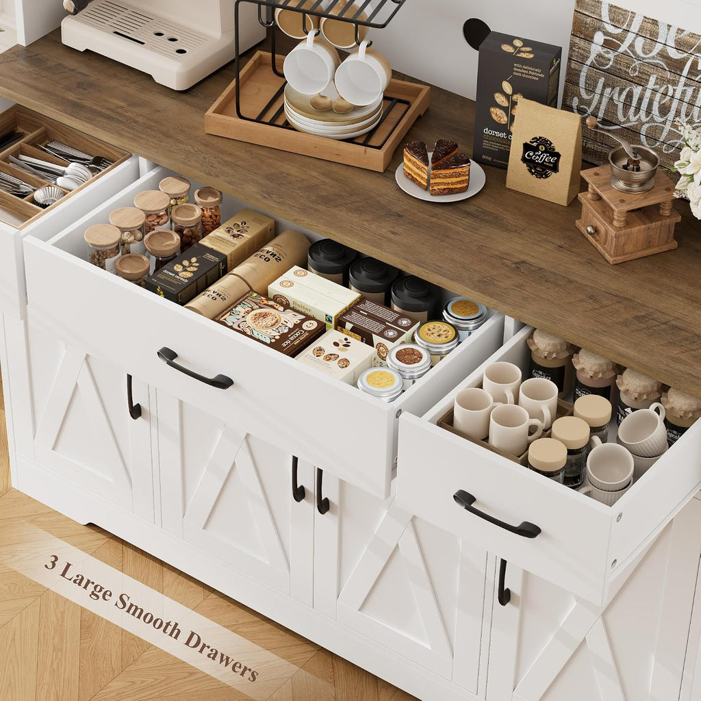 Hostack 71" Tall Kitchen Pantry Storage Cabinet, 55" W Kitchen Hutch, White | Large Pantry Cabinet With Charging Station / Countertop / 3 Drawers, Farmhouse Hutch Cabinet With Storage For Dining Room