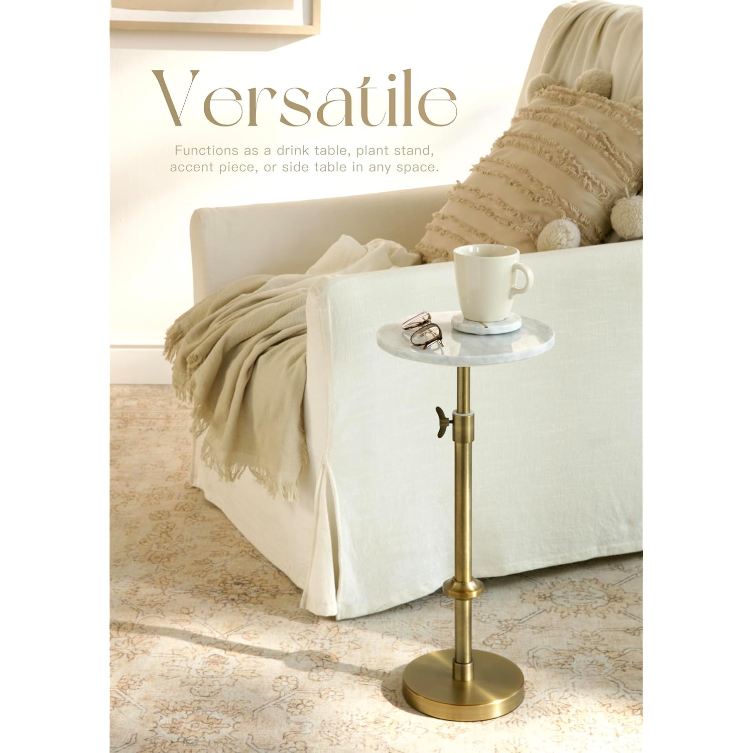 Adjustable-Height Marble Drink Table - 10X10X22-30, White Marble & Antique Brass, Modern Round End Table, Side Table With Pedestal Stand For Small Spaces, Vintage Metal Martini Cocktail Accent