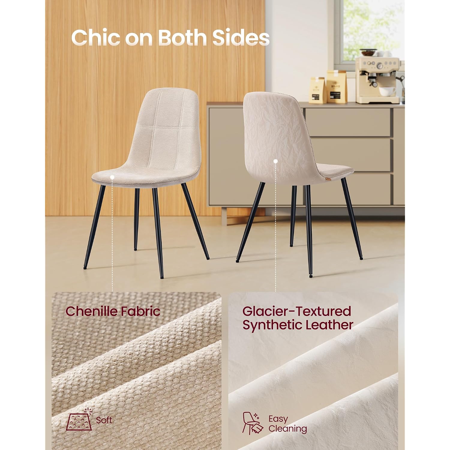 Vasagle Dining Chairs, Set Of 4 Dining Room Chairs, Metal Frame, Adjustable Feet, Easy To Clean, Chenille Fabric, Glacier-Textured Synthetic Leather, For Kitchen, Cream White Ukdc188W01