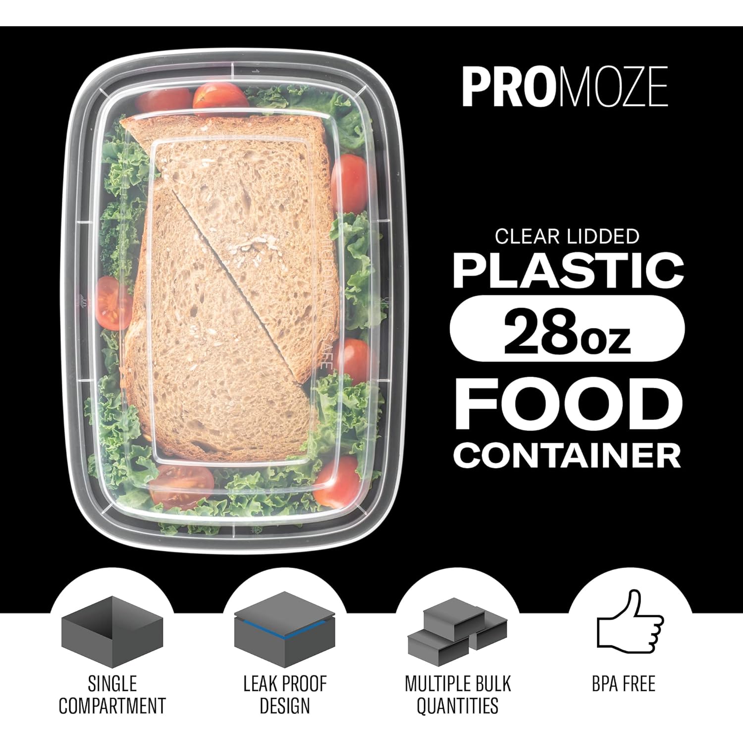 50-Pack Reusable Meal Prep Containers Microwave Safe Food Storage Containers with Lids, 28 oz - 1 Compartment Take Out Disposable Plastic Bento Lunch Box To Go, BPA Free - Dishwasher & Freezer Safe