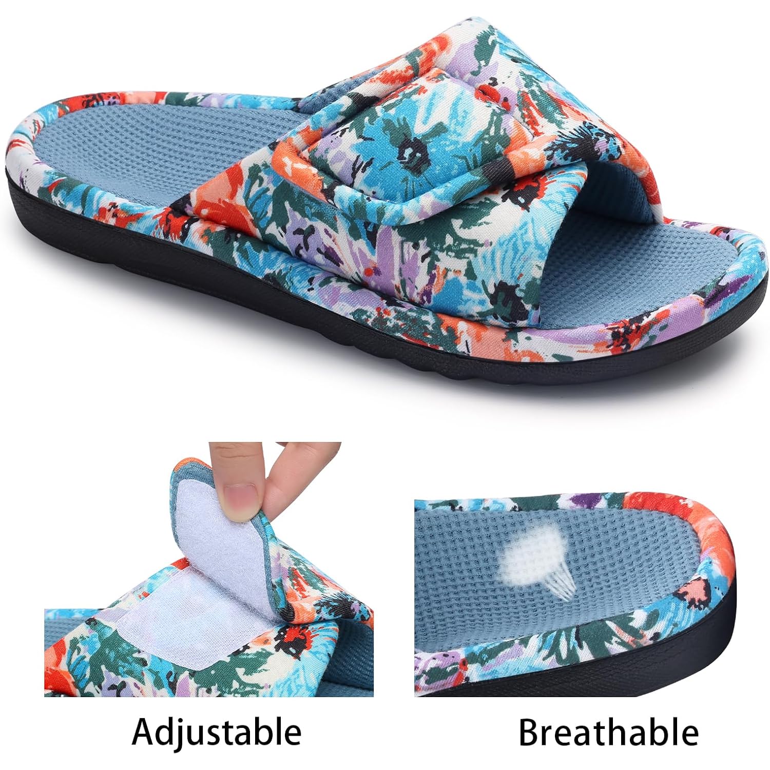 Summer House Slippers For Women With Arch Support Breathable Waffle Cotton Indoor Slippers Slip On Open Toe Home Shoes
