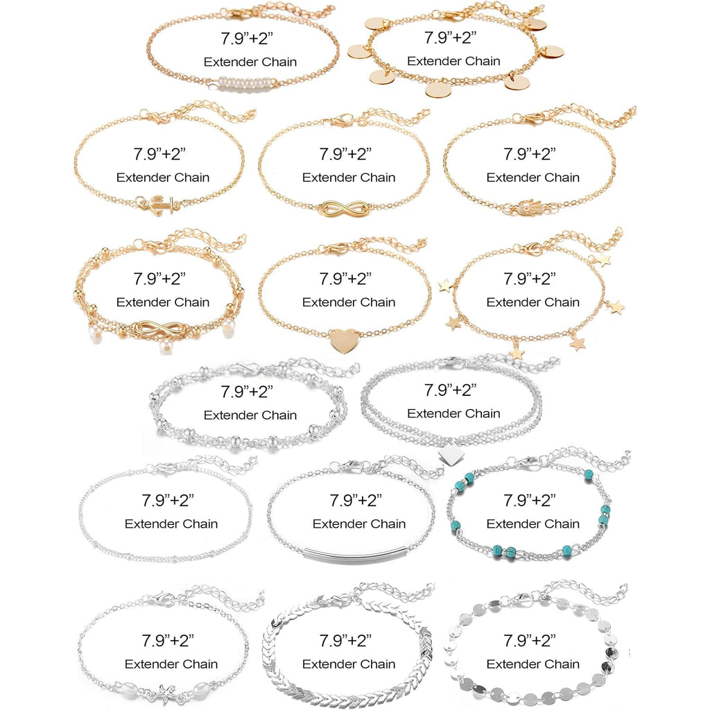 Softones 16Pcs Ankle Bracelets for Women Gold Silver Two Style Chain Beach Anklet Bracelet Jewelry Anklet Set,Adjustable Size