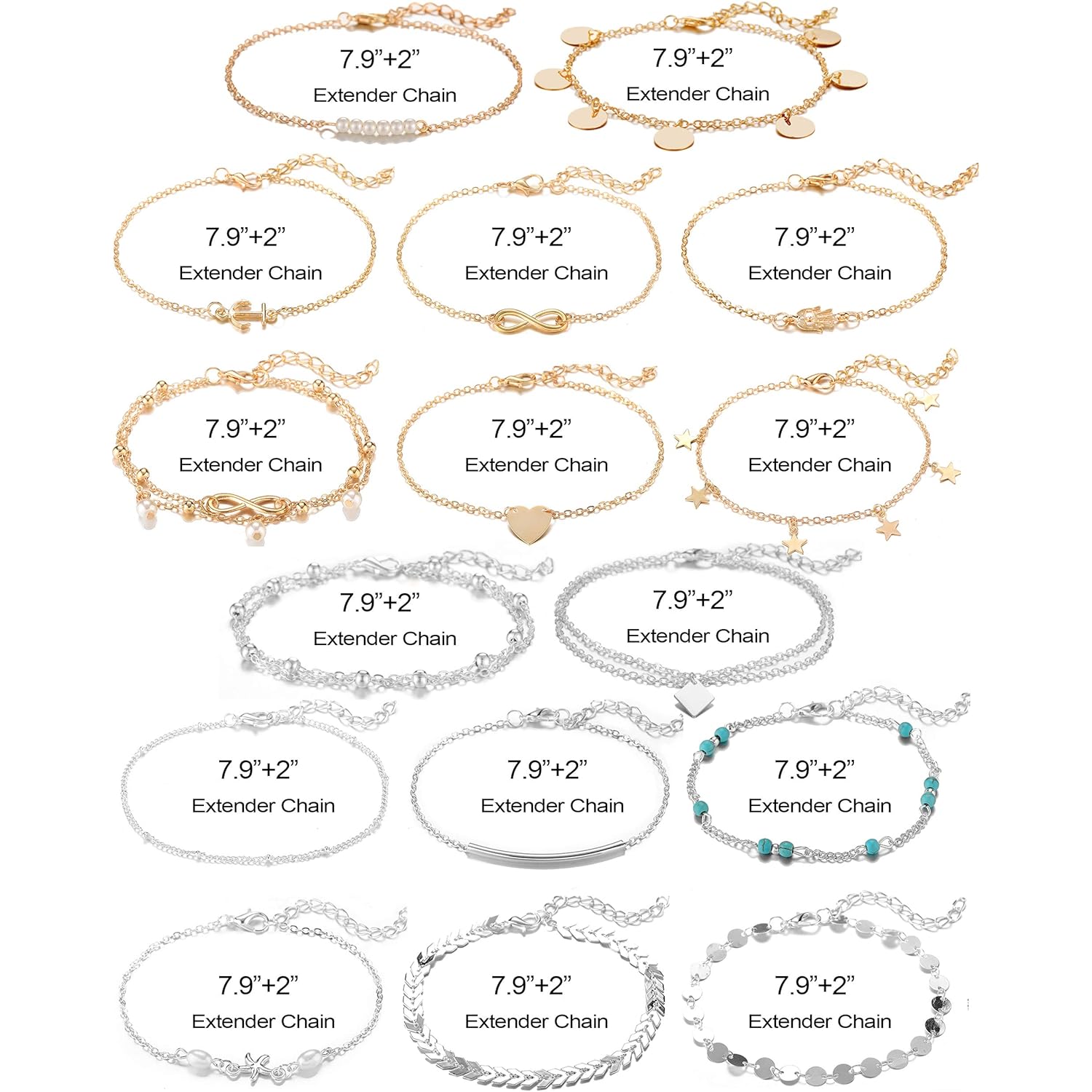 Softones 16Pcs Ankle Bracelets for Women Gold Silver Two Style Chain Beach Anklet Bracelet Jewelry Anklet Set,Adjustable Size