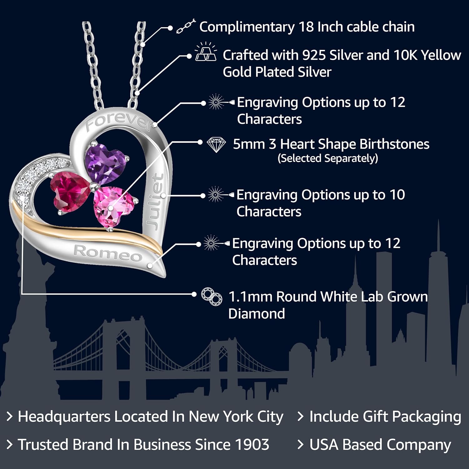 Gem Stone King Customized Personalized Engraved 3-Stone Heart Pendant Necklace For Women | 925 Sterling Silver and 10k Yellow Gold | Gemstone Birthstone and White Lab Grown Diamond | 5MM Heart Shape |