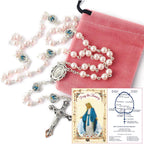 HanlinCC Glass Pearl Beads with Miraculous Epoxy Heart Metal Beads Rosary Necklace pack in Velvet Gift Bag with Rosary Pray Card