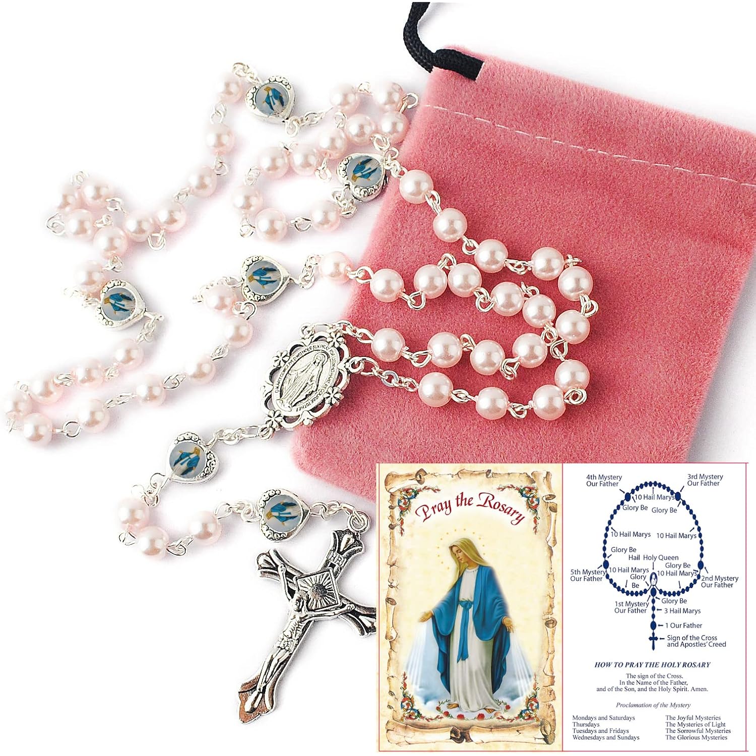 HanlinCC Glass Pearl Beads with Miraculous Epoxy Heart Metal Beads Rosary Necklace pack in Velvet Gift Bag with Rosary Pray Card