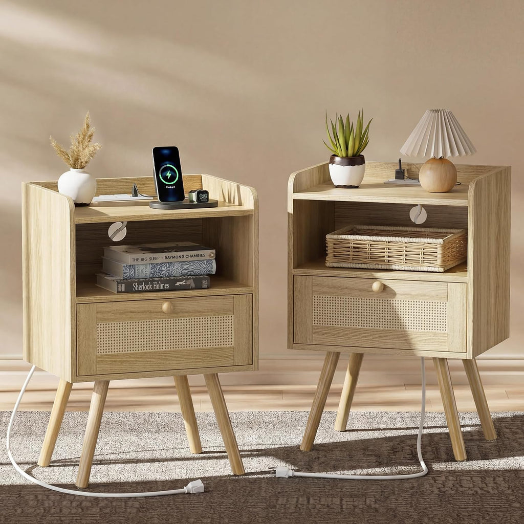 Superjare Nightstands Set Of 2, Night Stands With Charging Station & Pe Rattan Decor Drawer, Bed Side Tables With Solid Wood Feet, End Table, For Bedroom, Living Room - Natural