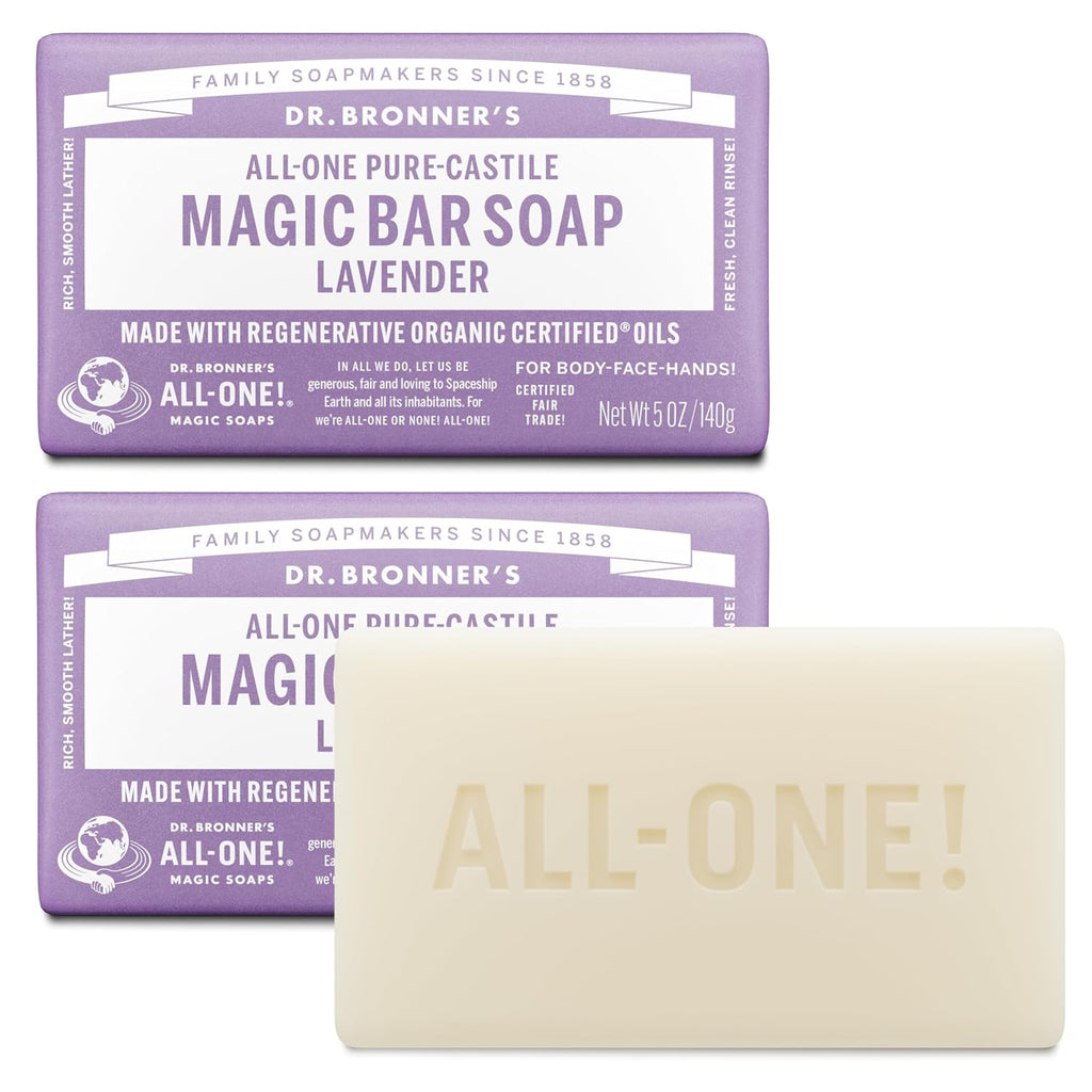 Dr. Bronner'S Pure-Castile Magic Bar Soap - Made With Regenerative Organic Certified Oils - For Face, Body, Hair- Gentle On Sensitive Skin - Vegan Soap Bars For Men & Women - Lavender, 2 Pack, 5Oz