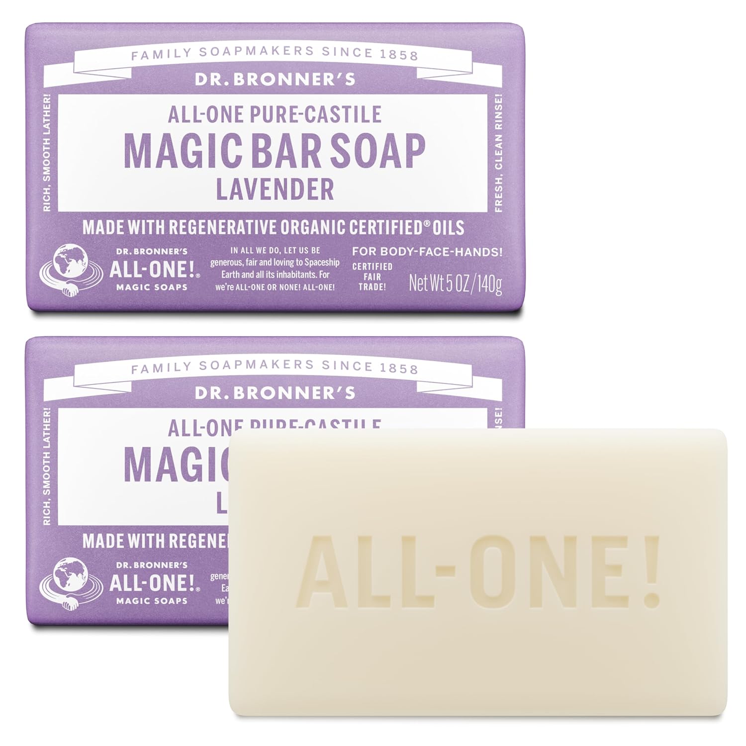 Dr. Bronner'S Pure-Castile Magic Bar Soap - Made With Regenerative Organic Certified Oils - For Face, Body, Hair- Gentle On Sensitive Skin - Vegan Soap Bars For Men & Women - Lavender, 2 Pack, 5Oz