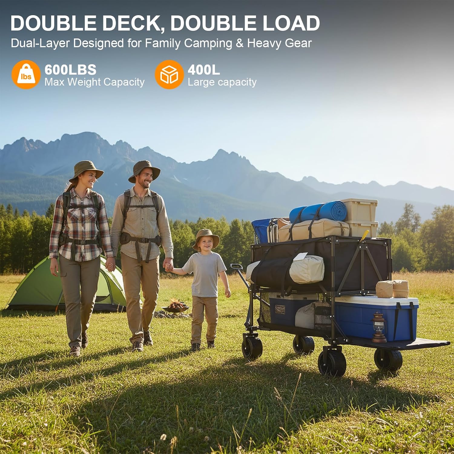 Double Decker Wagon Heavy Duty Collapsible, 600Lbs 400L Capacity | Foldable Utility Cart, Big Wheels For Beach, Outdoor, Camping & Gardening, Durable Steel Frame