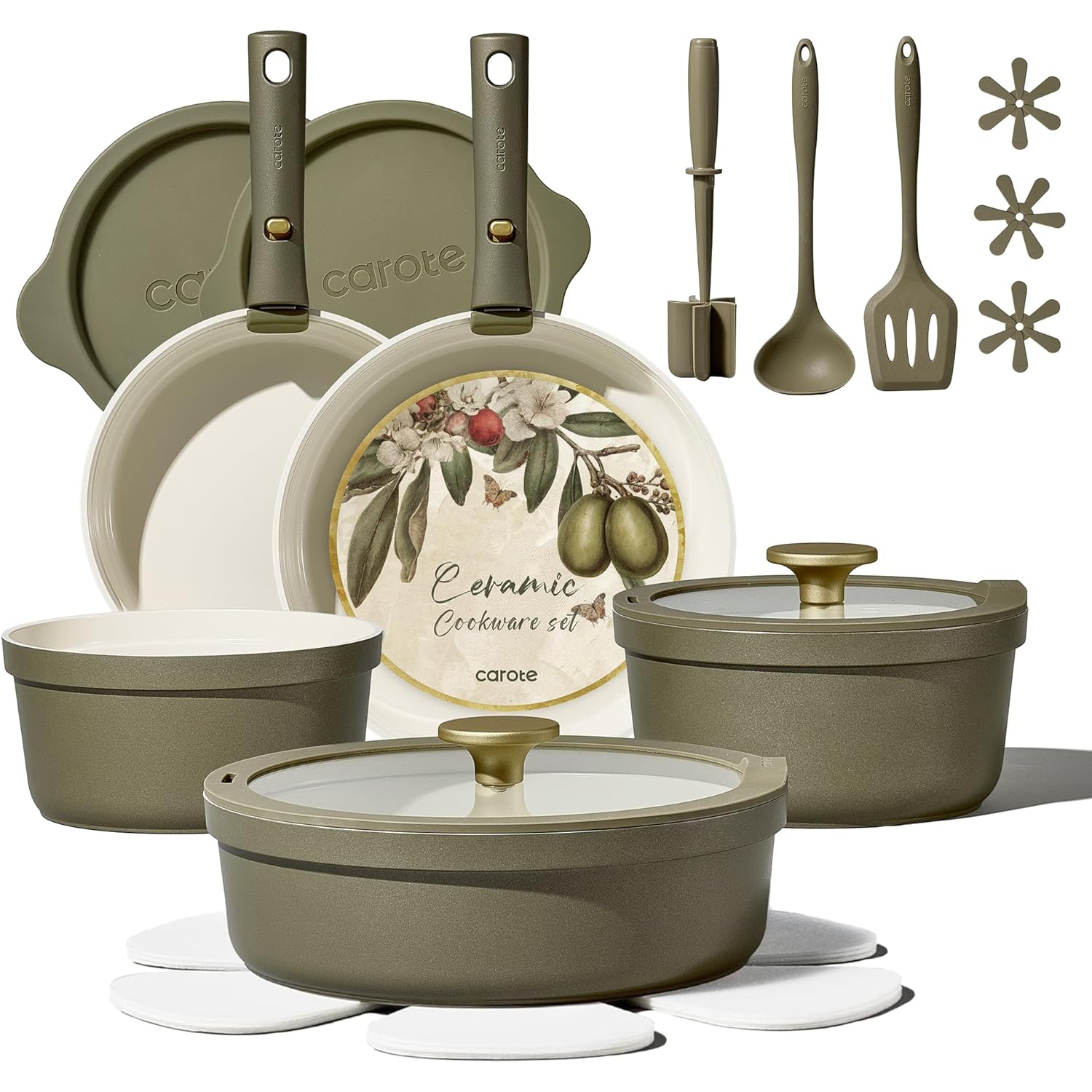 Carote 21pcs Ceramic Cookware Set with Detachable Handles, Pots and Pans Set Non Stick, RV Kitchen Cooking Pot and Pan, Dishwasher Safe, Non-toxic Induction Cookware PFAS and PFOA Free, Olive Green