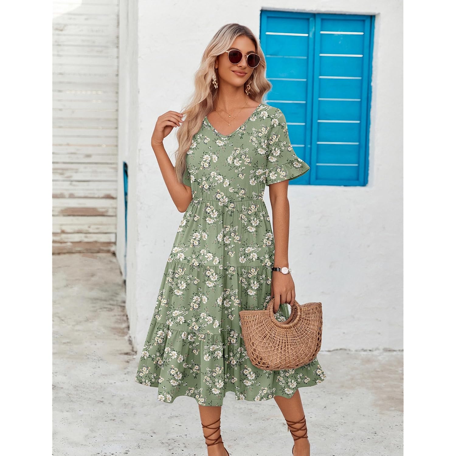 Zeagoo Women'S Summer Dresses Midi Tiered Casual Dress Floral V Neck Ruffle Short Sleeve Flowy Beach Dress With Pockets