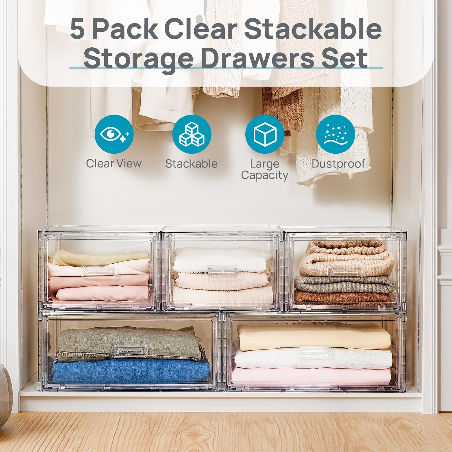 Vtopmart 5 Pack Large & Medium Storage Stackable Drawers Set | Easy Assembly Clear Plastic Storage Cabinet, Durable Dresser For Closet, Bedroom, Entryway, Playroom & Apartment Organization