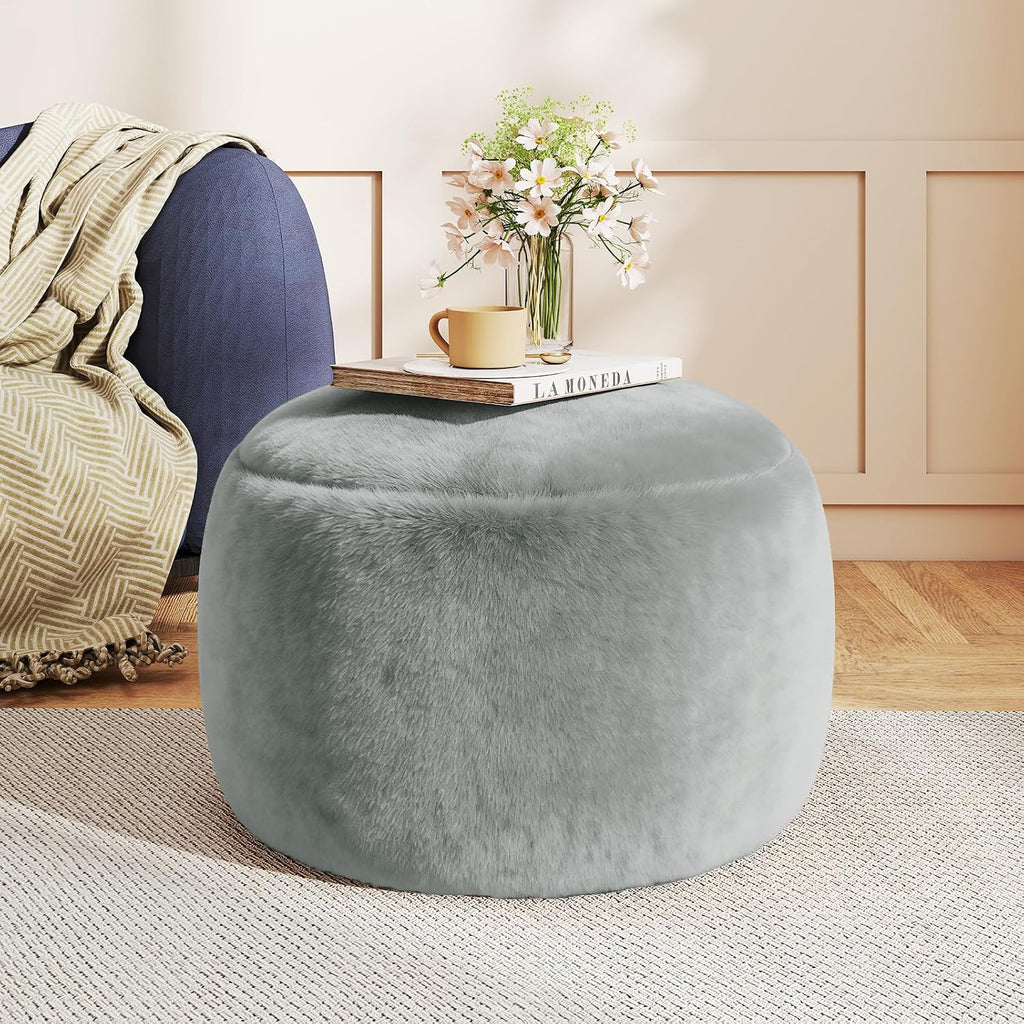 Round Stuffed Pouf Ottoman Foot Rest, Faux Fur Poufs With Memory Foam Filling, Ottomans For Living Room, Nursery, Dorm, Soft Foot Stool Ottoman For Couch, Perfect For Resting Your Feet (Grey, 20 Inch)