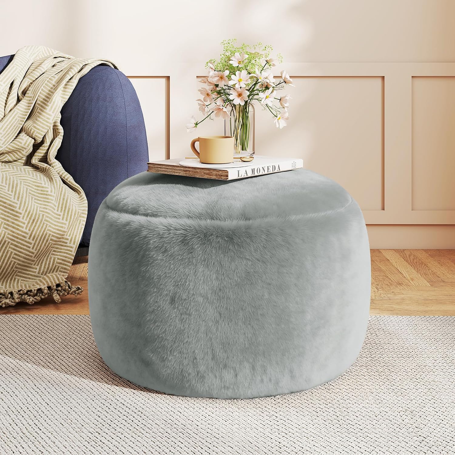 Round Stuffed Pouf Ottoman Foot Rest, Faux Fur Poufs With Memory Foam Filling, Ottomans For Living Room, Nursery, Dorm, Soft Foot Stool Ottoman For Couch, Perfect For Resting Your Feet (Grey, 20 Inch)