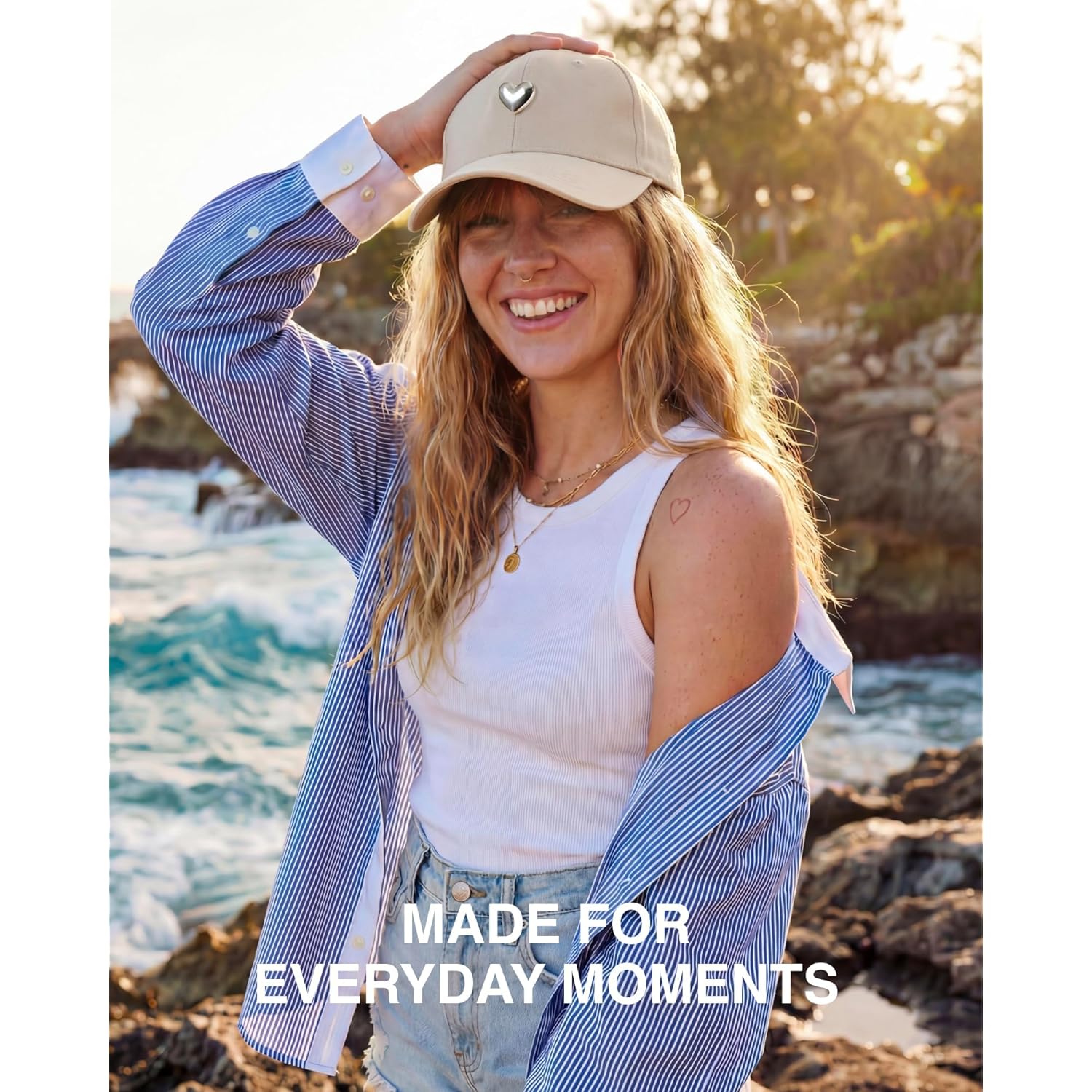 Jeasona Cotton Baseball Cap with 3D Metal Heart Accent - Adjustable, Chic & Minimalist Dad Hat for Hiking & Casual Wear