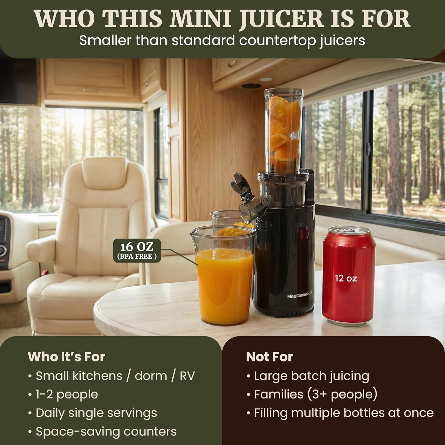 Elite Gourmet EJX600 Mini Compact Small Space-Saving Masticating Slow Juicer Cold Press Juice Extractor, Nutrient and Vitamin Dense, BPA-Free Tritan, Easy to Clean, 16 oz Juice Cup, Charcoal Grey