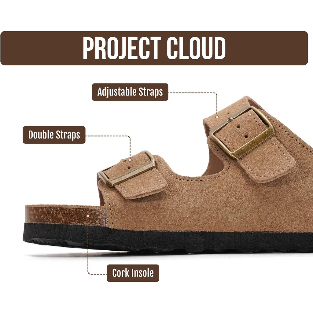 Project Cloud 100% Genuine Leather Flat Sandals For Women 2026 Cork Footbed Womens Sandals With Memory Foam And Arch Support Vacation Essentials Slides For Women Footwear (Venita)