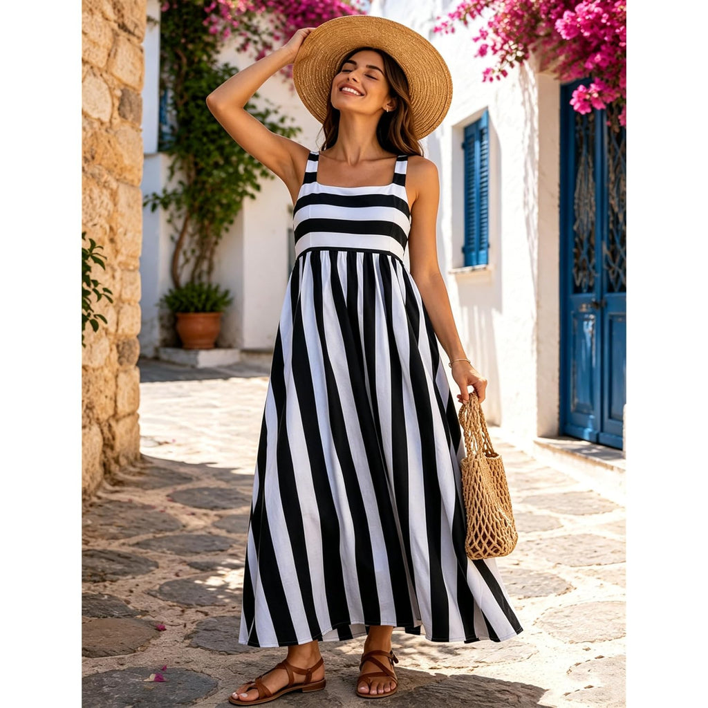 Huaqiao Womens Summer Striped Maxi Dress Sleeveless Square Neck Spaghetti Strap Flowy Beach Boho Vacation Sundress