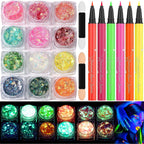 Glow In The Dark Glitter Gel With Uv Neon Liquid Eyeliner Pen Set For Body Face Hair Eye, Makeup Kit For Rave Accessories Party Halloween Anime Cosplay Concerts Festival Carnival Face Paint