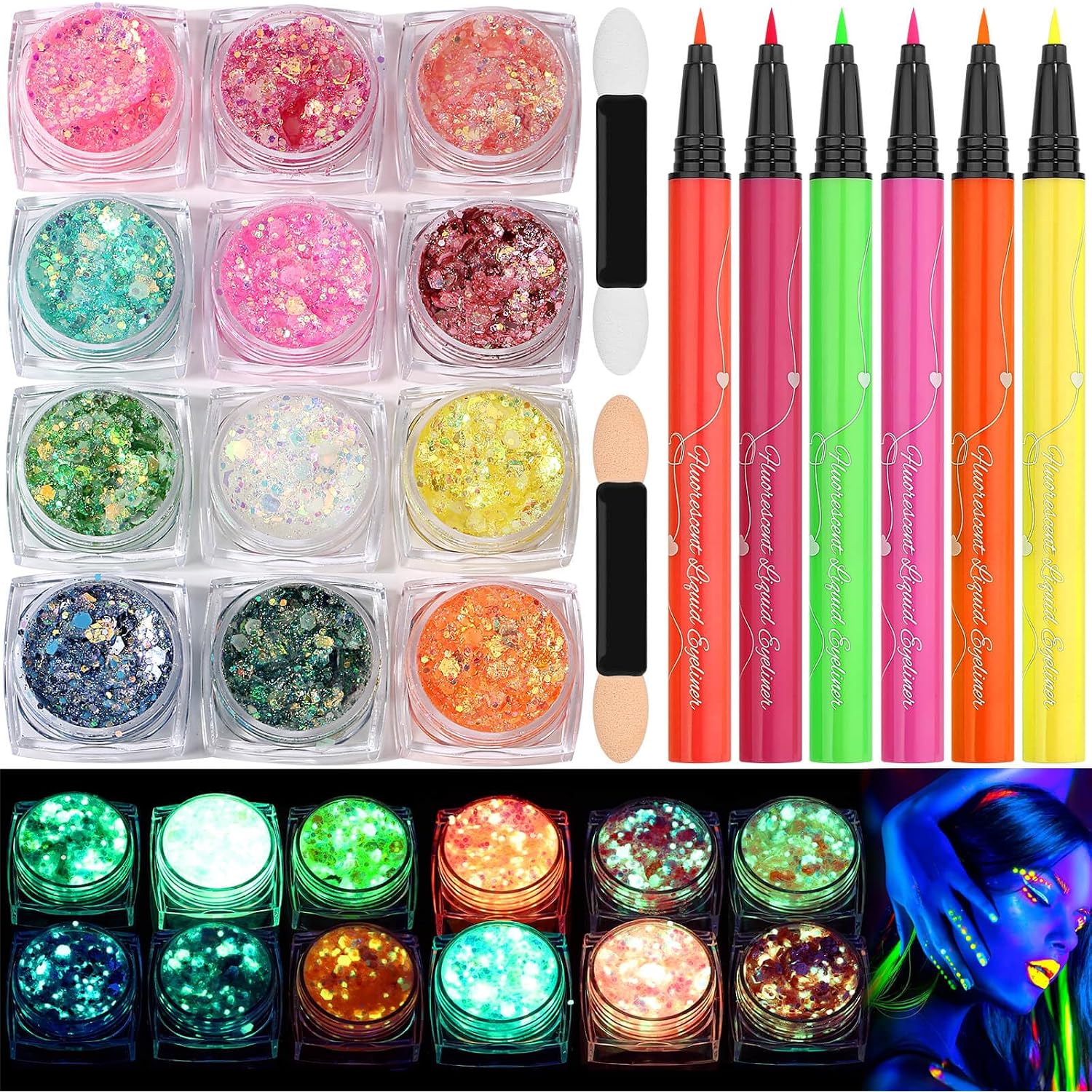 Glow In The Dark Glitter Gel With Uv Neon Liquid Eyeliner Pen Set For Body Face Hair Eye, Makeup Kit For Rave Accessories Party Halloween Anime Cosplay Concerts Festival Carnival Face Paint