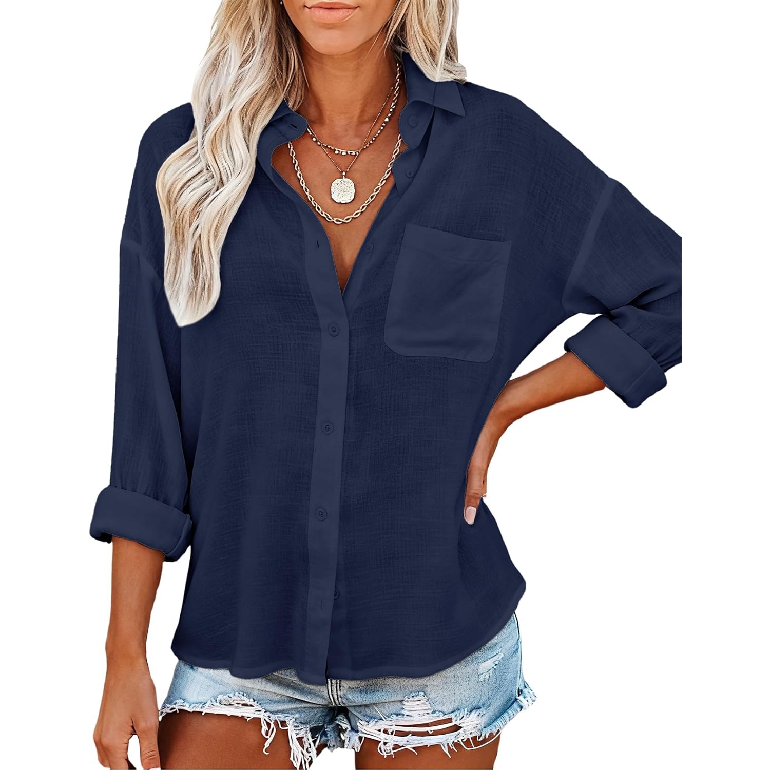 Womens Button Down Shirts Long Sleeve Linen Casual Collared Blouses Loose Fit