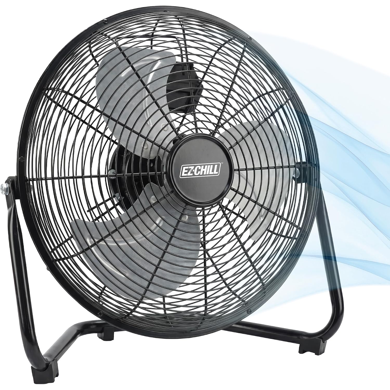 Ez-Chill 12” Cradle Floor Fan, 3 Speed, High Velocity, 180 Degree Adjustable Tilt, All-Metal, Carry Handle, Rubber Feet, Airflow 15.42 Ft/Sec, Ideal For Home, Bedroom & Office, Black