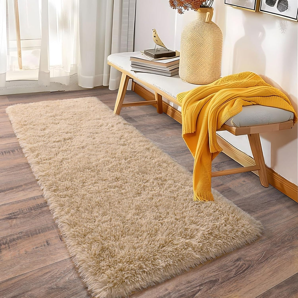 Soft Runner Rugs for Bedroom Hallways, 2x6 Beige Fluffy Shag Throw Area Rug Non Slip for Bedside Dorm, Long Shaggy Furry Carpet for Nursery Living Room
