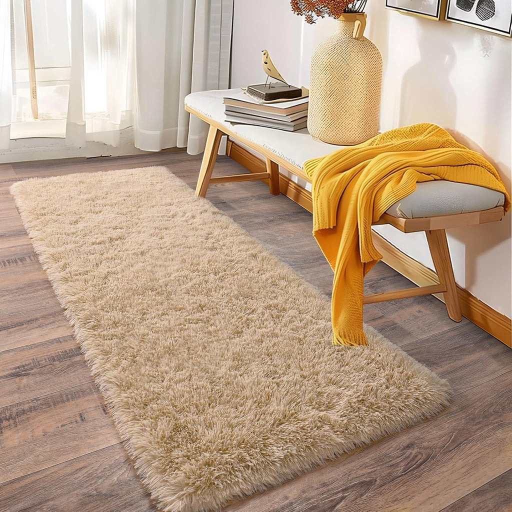 Soft Runner Rugs For Bedroom Hallway 2X6 Beige Fluffy Shag Washable | Upgrade Non Slip Throw Area Rug For Bedside Dorm, Long Shaggy Furry Carpet For Living Room, Flame Resistant