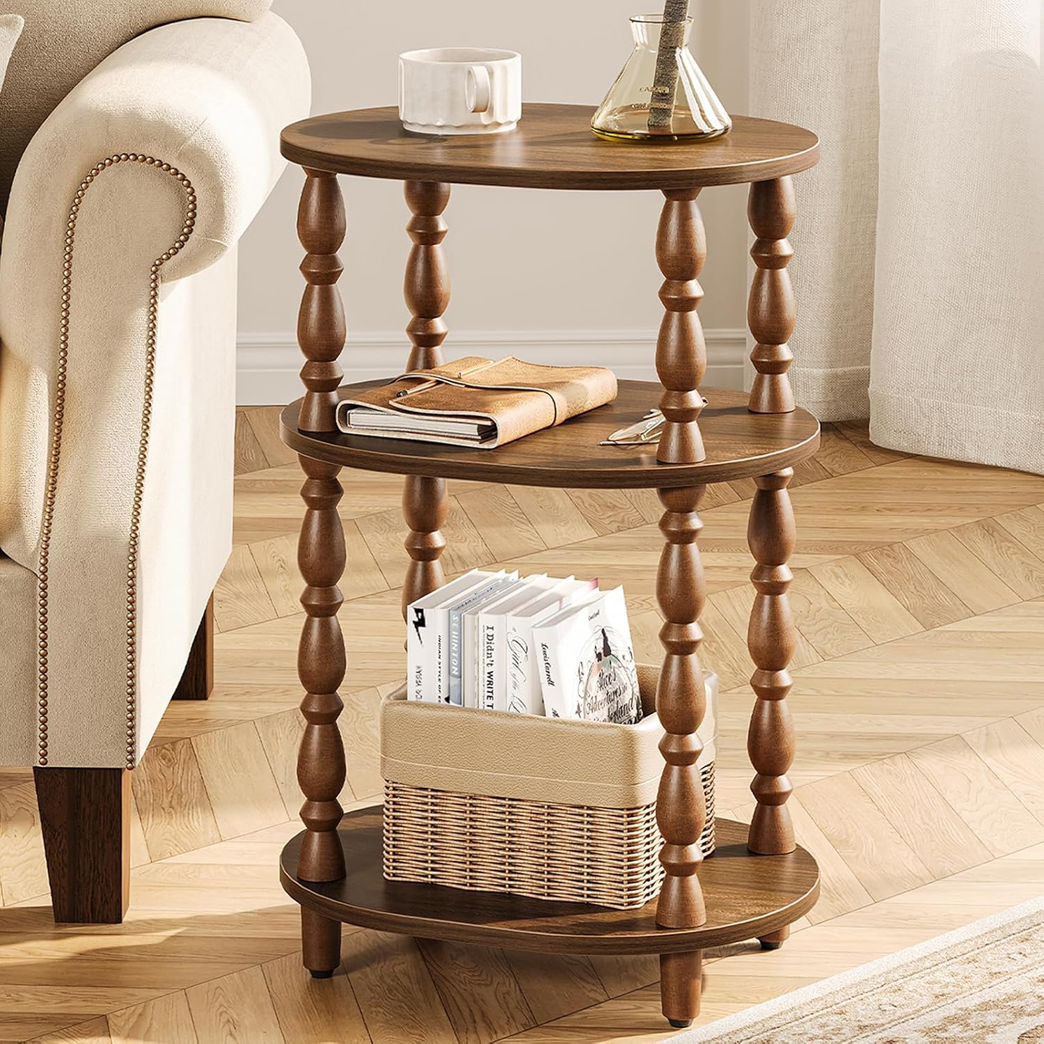 Yoobure 3-Tier Small Side Table - Oval End Table With Vintage Spindle Legs, Accent Night Stand With Storage Shelf For Narrow Spaces, Wood Nightstand Bedside Table For Living Room, Bedroom, Walnut