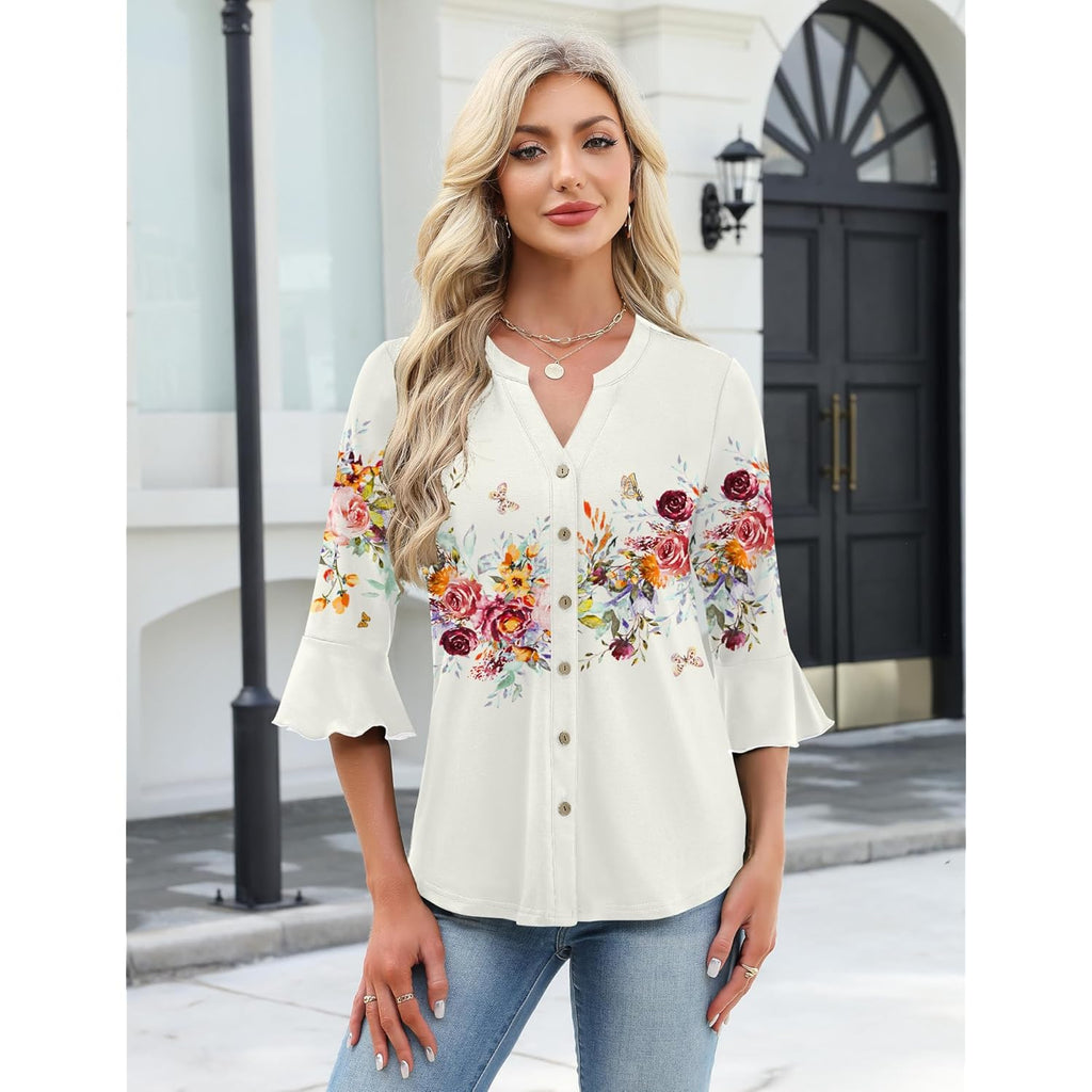 Women's Button Down T Shirts 3/4 Sleeve V-Neck Tops Casual Summer Ladies Tees Ruffle Bell Sleeve Tunic