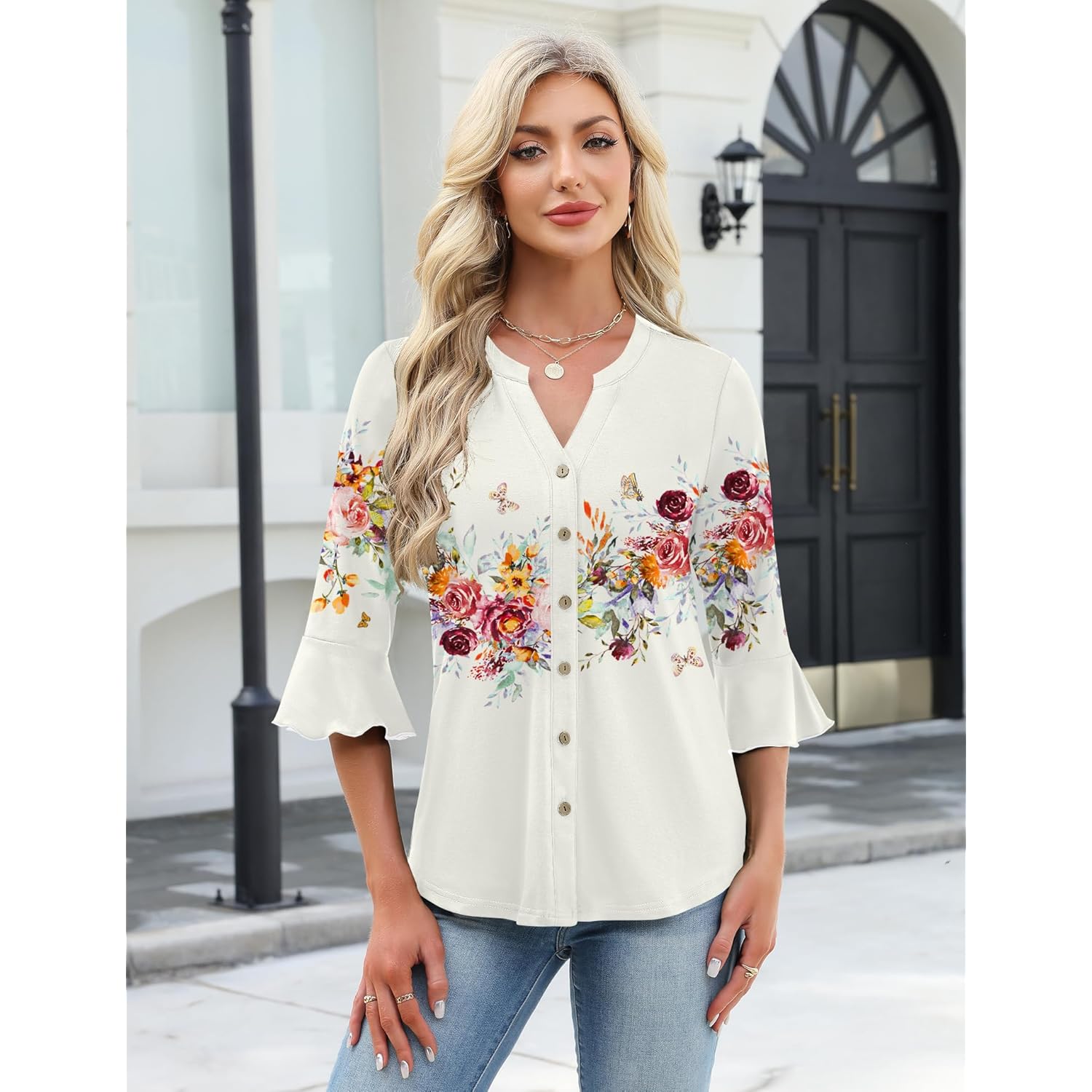 Women's Button Down T Shirts 3/4 Sleeve V-Neck Tops Casual Summer Ladies Tees Ruffle Bell Sleeve Tunic