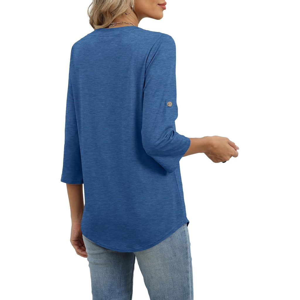 XIEERDUO 3/4 Length Sleeve Womens Tops V Neck T Shirts Both Side Buttons Blouses Business Casual Outfits Loose Fit
