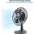 Comfort Zone Oscillating Table Fan With Adjustable Tilt, Convenient Push Button Controls, Quiet, 12 Inch, 3 Speed, Desk Fan, Airflow 7.25 Ft/Sec, Ideal For Home, Bedroom, Dorm & Office, Cz121Bk