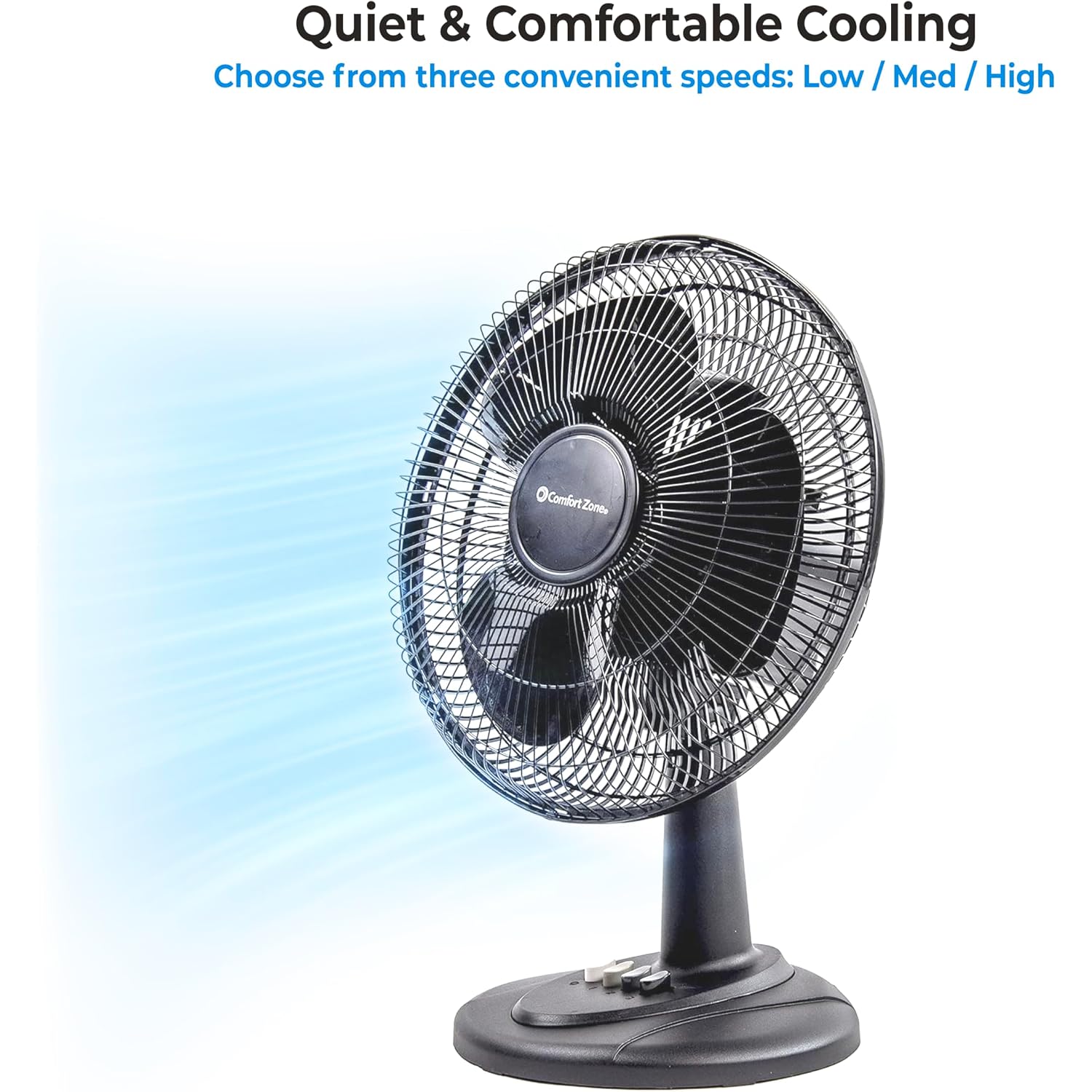 Comfort Zone Oscillating Table Fan With Adjustable Tilt, Convenient Push Button Controls, Quiet, 12 Inch, 3 Speed, Desk Fan, Airflow 7.25 Ft/Sec, Ideal For Home, Bedroom, Dorm & Office, Cz121Bk