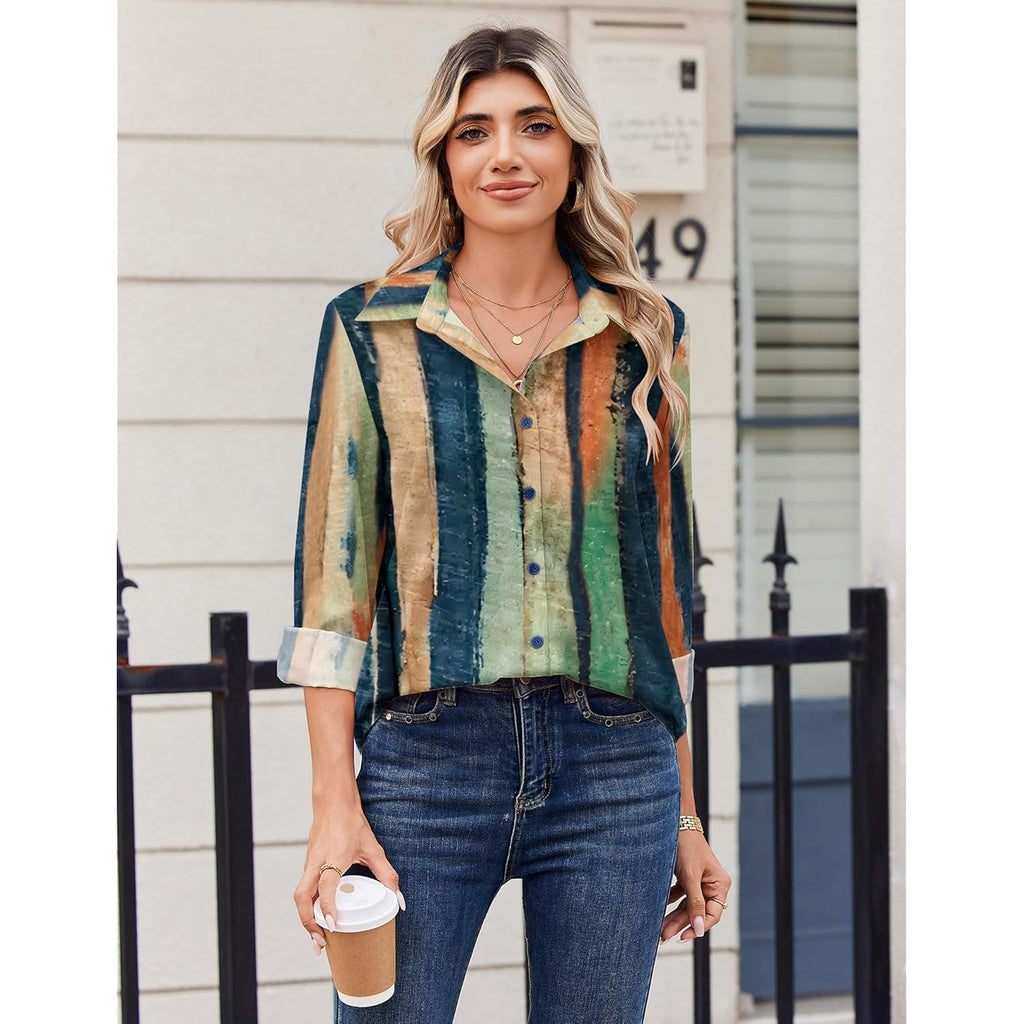 Blouse for Women Dressy Long Sleeve Button Down Shirts Business Casual Outfit Lightweight Solid/Printed Tops