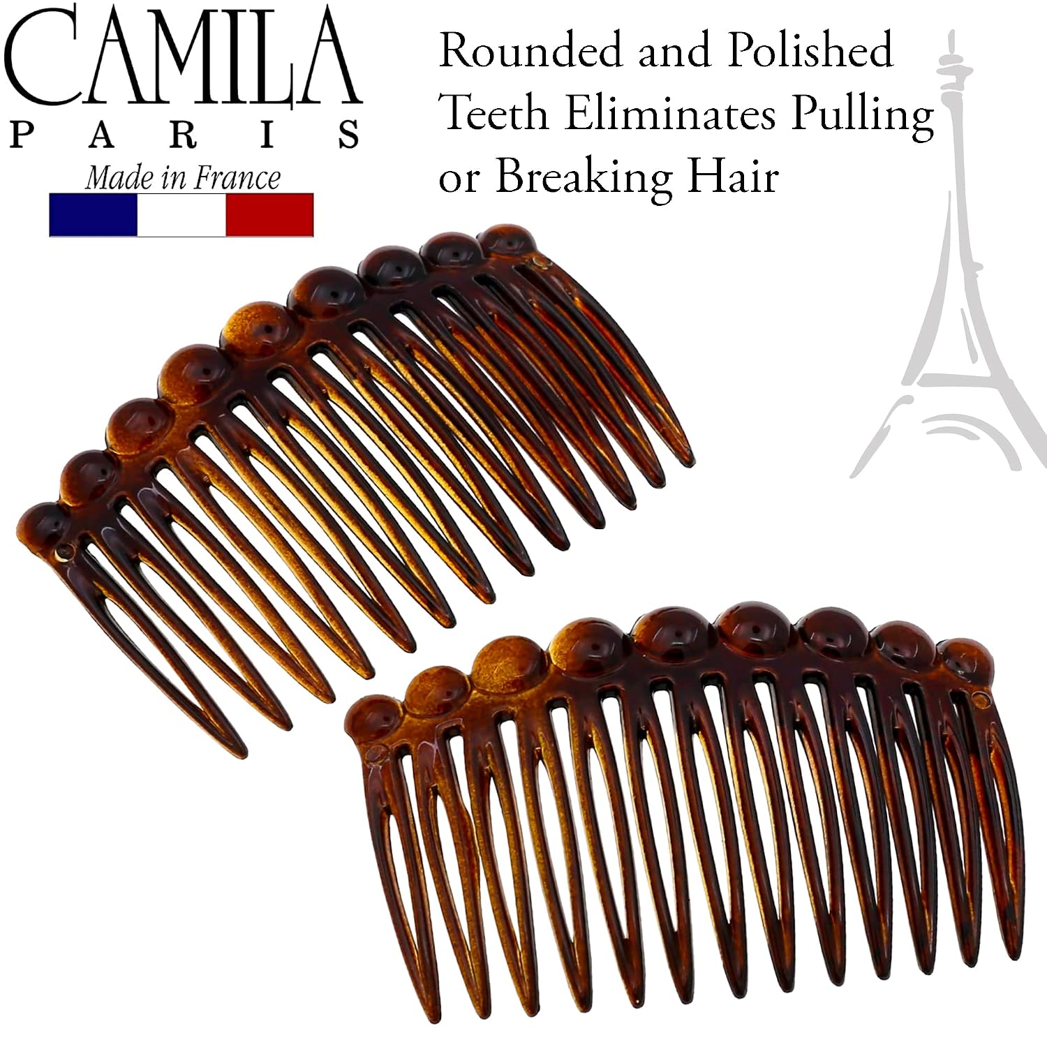 Camila Paris Cp33/2 French Hair Side Comb Small Tortoise Shell French Twist Hair Combs Decorative, Strong Hold Hair Clips For Women Bun Chignon Up-Do Styling Girls Hair Accessories, Made In France