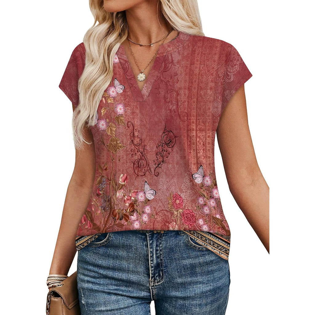Womens Summer Tops V Neck T Shirts Cap Sleeve Business Casual Outfits Loose Fit Beach Vacation Clothes Basic Tees