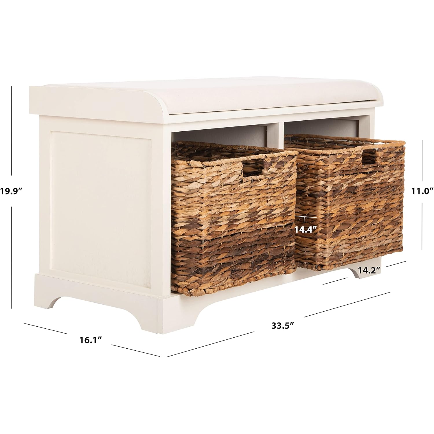 Safavieh Furniture - Freddy 2-Basket Storage Bench - Vintage White - Solid Wood - Coastal Basket Storage Design - Ideal For Entryway, Living Room, Hallway, 18" Seat Height - Fully Assembled (Amh5736D)