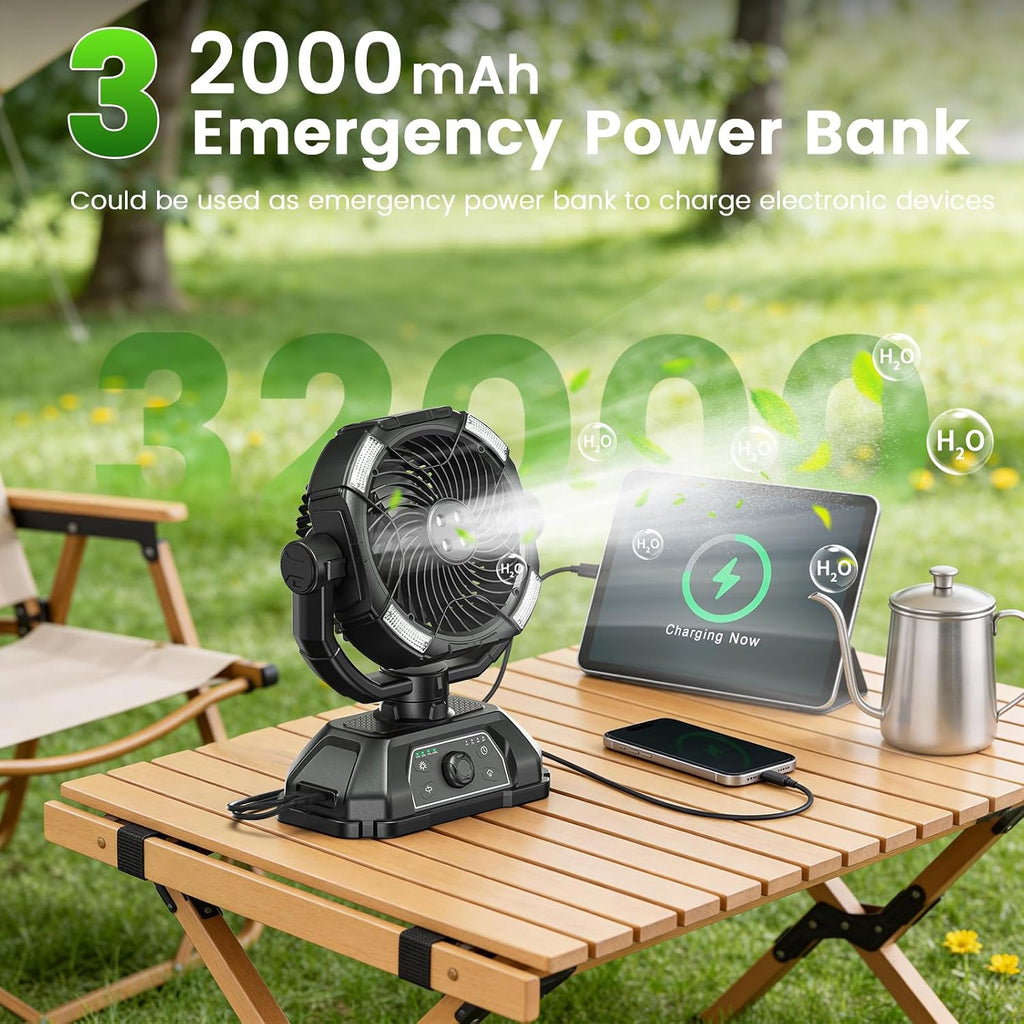 Xap Portable Misting Fan Rechargeable For Hot Weather - 9-Inch Oscillating Camping Fan With Usb Battery As Power Bank, 4 Mist Cooler, 7L Bucket For Outdoor/Camping/Patio/Golf (Black)