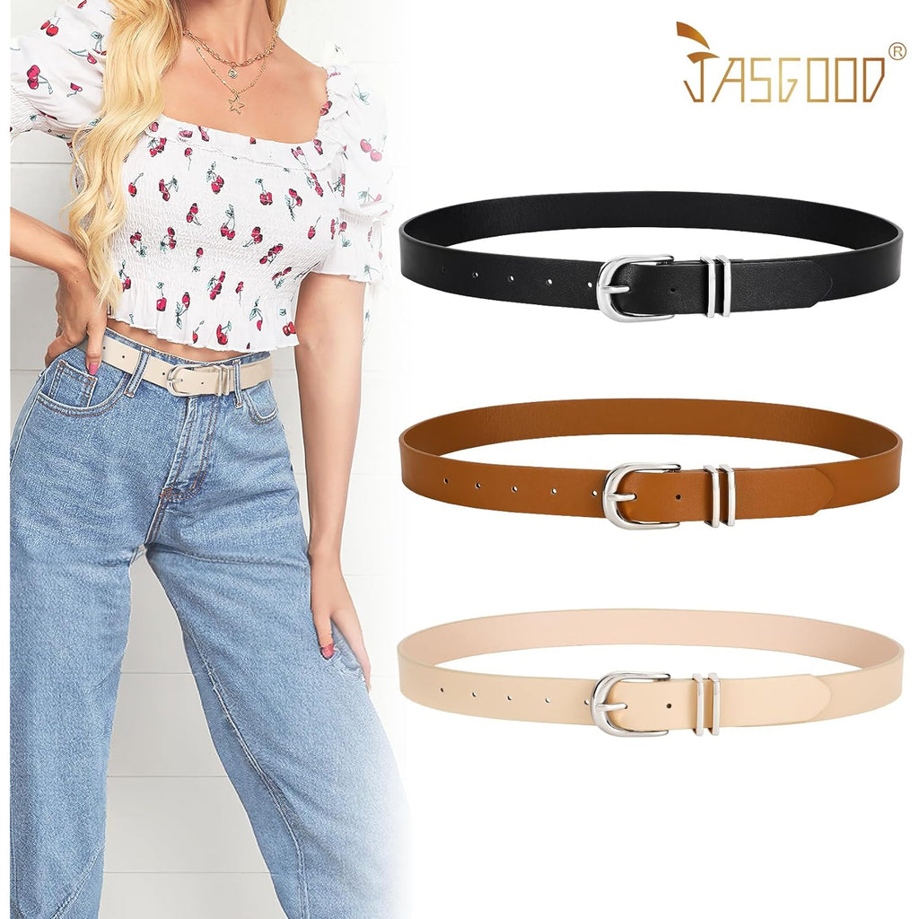 JASGOOD 3 Pack Women Leather Belts For Jeans Dresses Pants Ladies Faux Leather Waist Belt with Gold Buckle