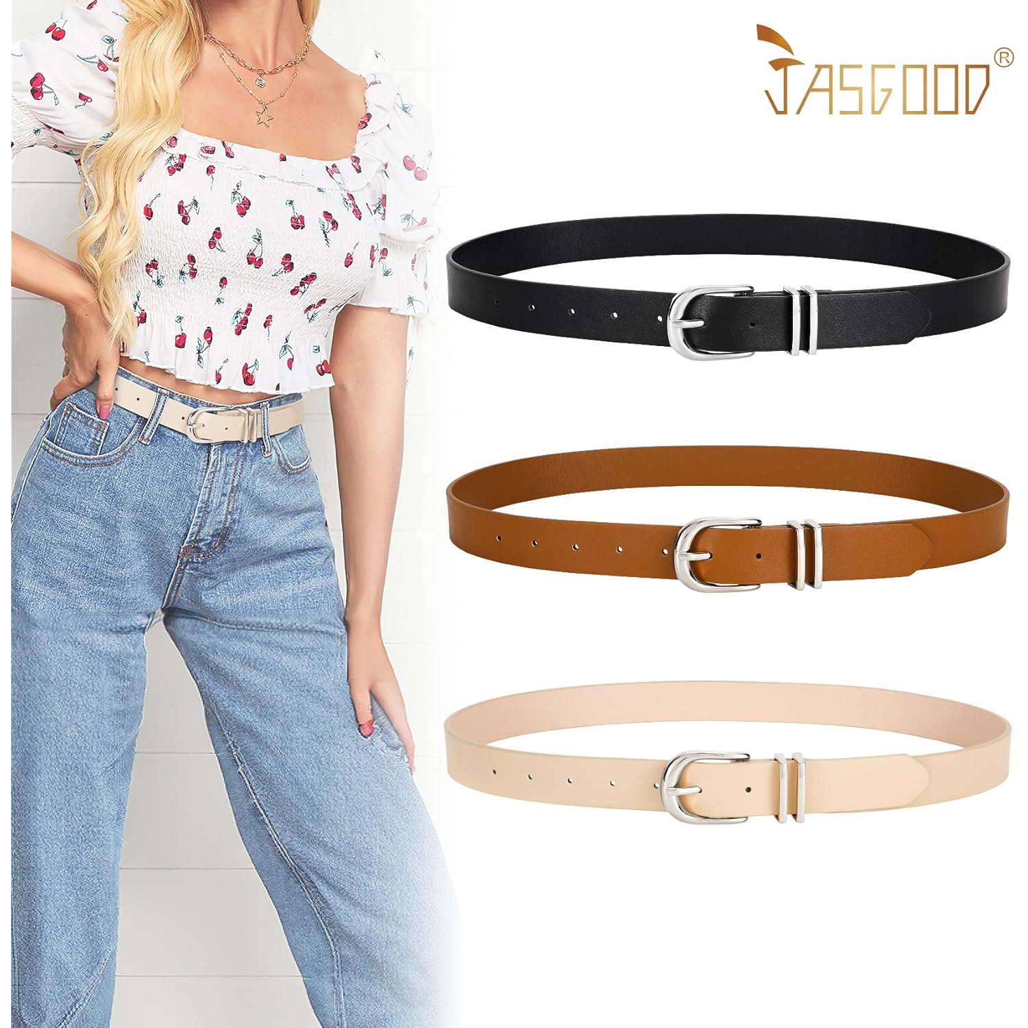 JASGOOD 3 Pack Women Leather Belts For Jeans Dresses Pants Ladies Faux Leather Waist Belt with Gold Buckle