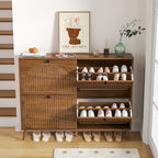 Fsbecl Shoe Storage Cabinet For Entryway With 4 Flip Drawers, Narrow Shoe Organizer With Fluted Panel, Freestanding Wood Hidden Shoe Cabinet